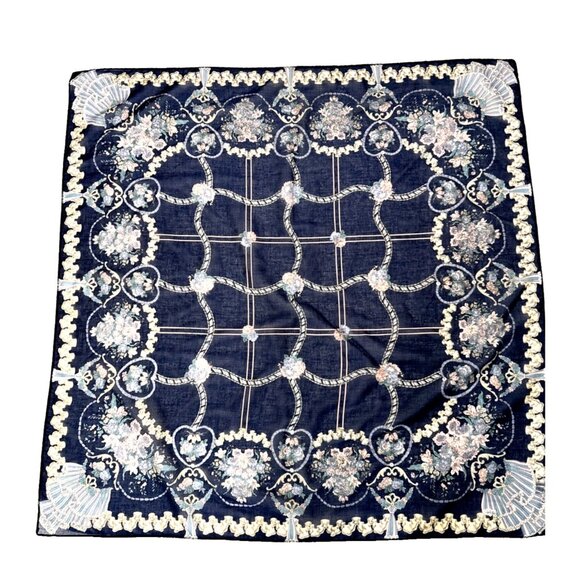 Vintage Ginnie Johansen 100% Cotton Scarf with Blue Floral Pattern - Picture 1 of 4